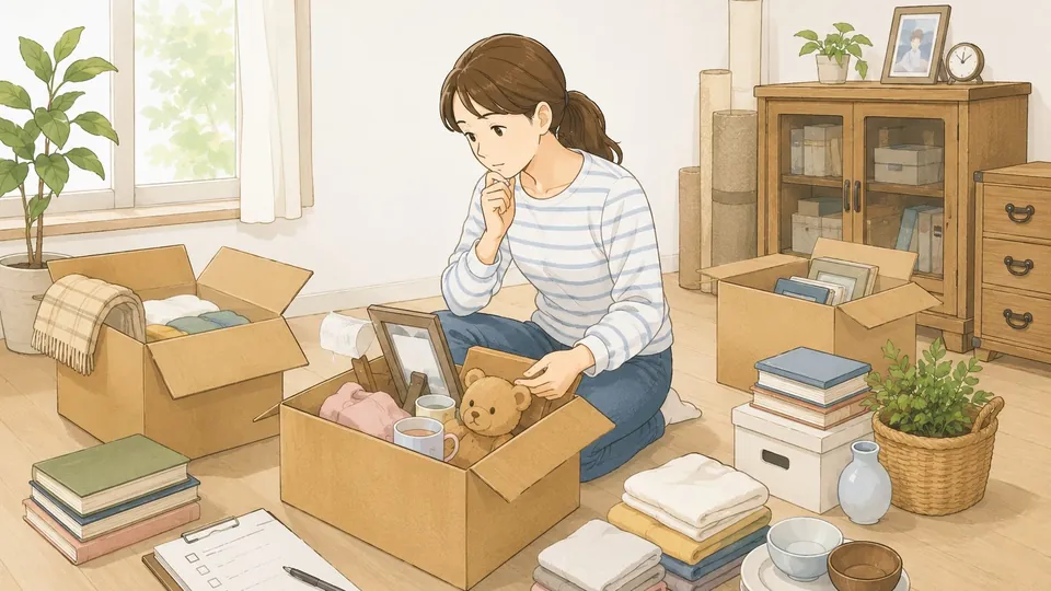 実家の片付けで思い出の品を手に取りながら仕分けに向き合う女性