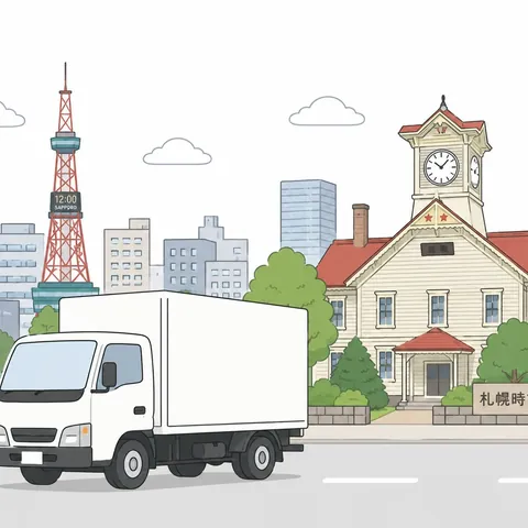 札幌時計台とテレビ塔の前を走るおまかせまるよしのトラック