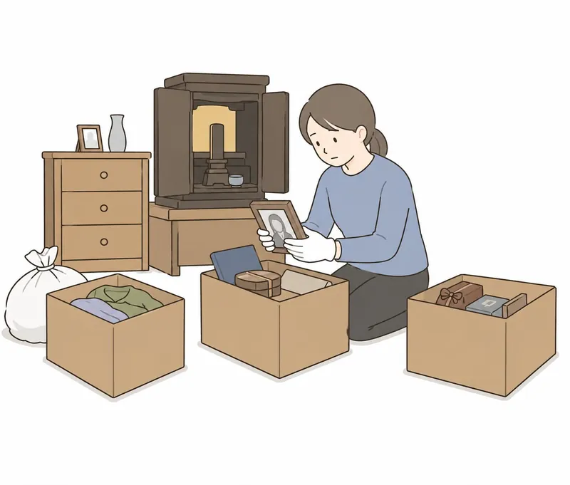 お仏壇の前で遺影や思い出の品を丁寧に仕分けする遺品整理の様子