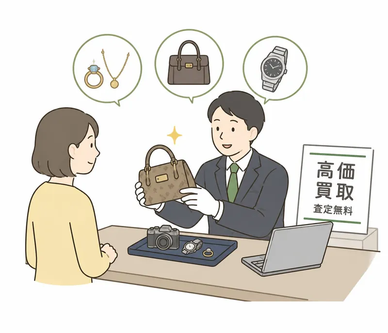 査定士がブランドバッグや腕時計・貴金属を無料査定する買取サービスの様子