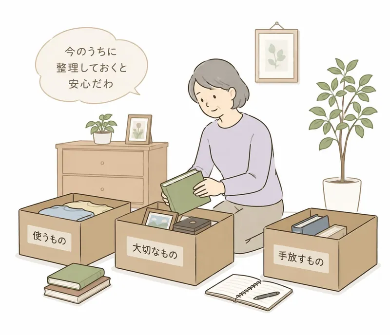 使うもの・大切なもの・手放すものに仕分けして進める生前整理の様子
