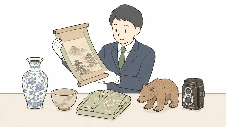 査定士が掛軸・染付の花瓶・着物・木彫りの熊などの遺品を丁寧に査定する様子